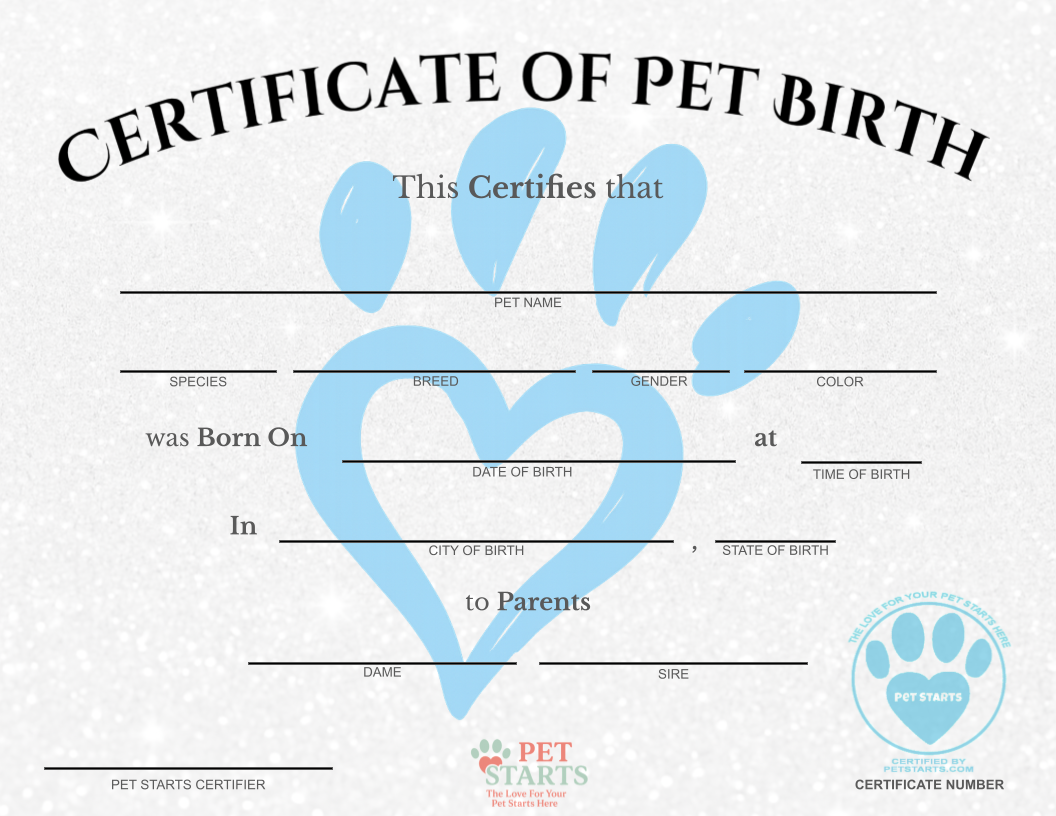 Original Blue Paw Print Pet Birth Certificate